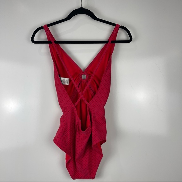 DKNY Red One Piece Swimsuit Blue Polka Dot Cut Outs Women's Size 12 - Picture 2 of 6